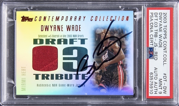 2003 Topps Contemporary Collection 2003 NBA Draft Tribute Relic #DT-DW Dwyane Wade Rookie Card Signed (#34/50) - PSA Mint 9-PSA/DNA